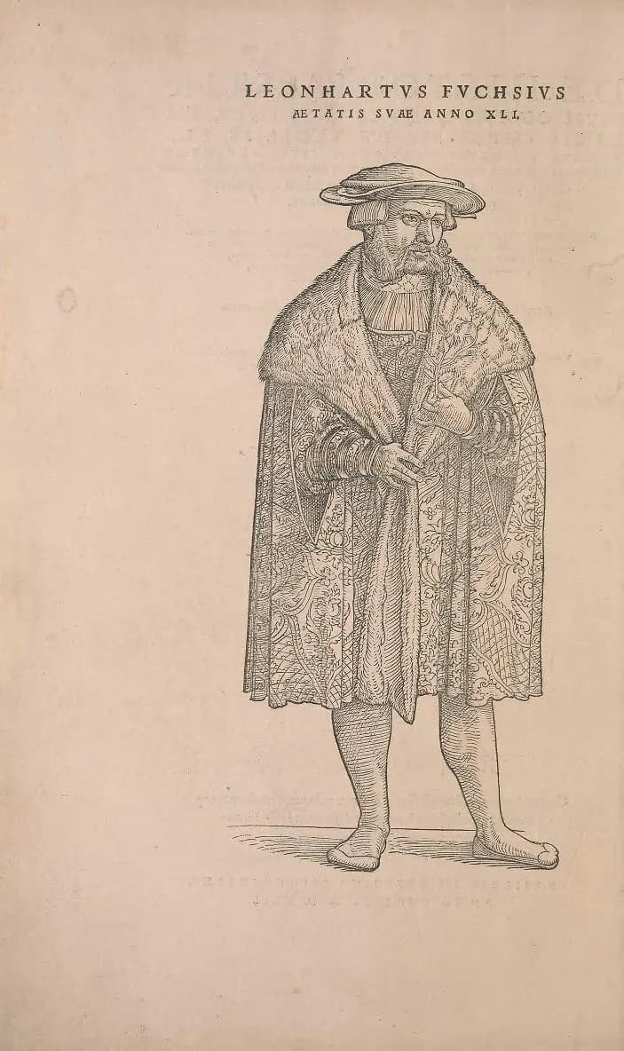 Full-length woodcut portrait of Leonhart Fuchs on a botanical book page.